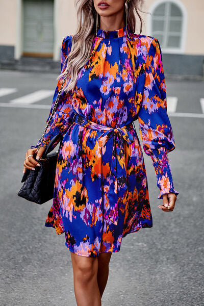 Printed Tie Waist Mock Neck Lantern Sleeve Dress - Charming Charlie