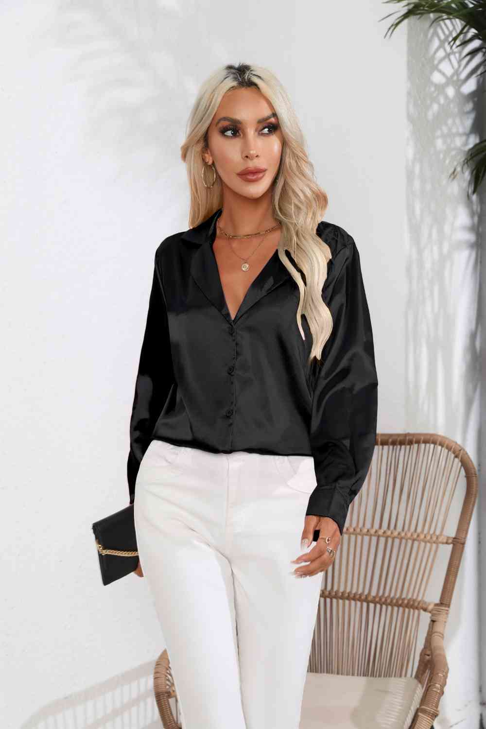 Lapel Collar Button Up Long Sleeve Shirt - Charming Charlie