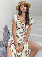 Tied Slit Floral Short Sleeve Dress - Charming Charlie