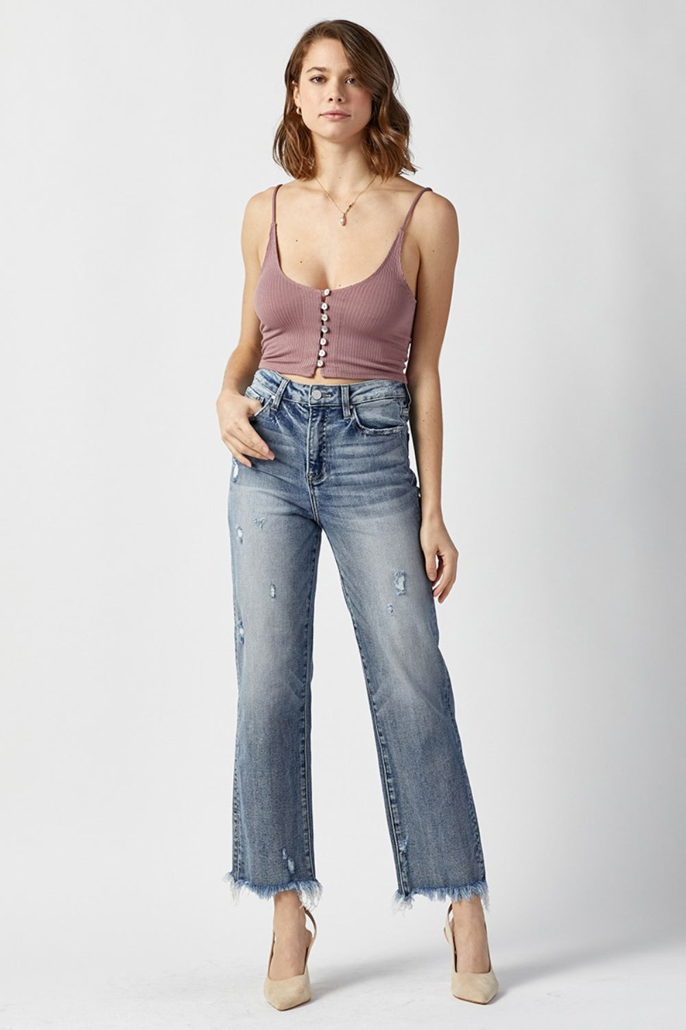 RISEN High Waist Raw Hem Straight Jeans - Charming Charlie