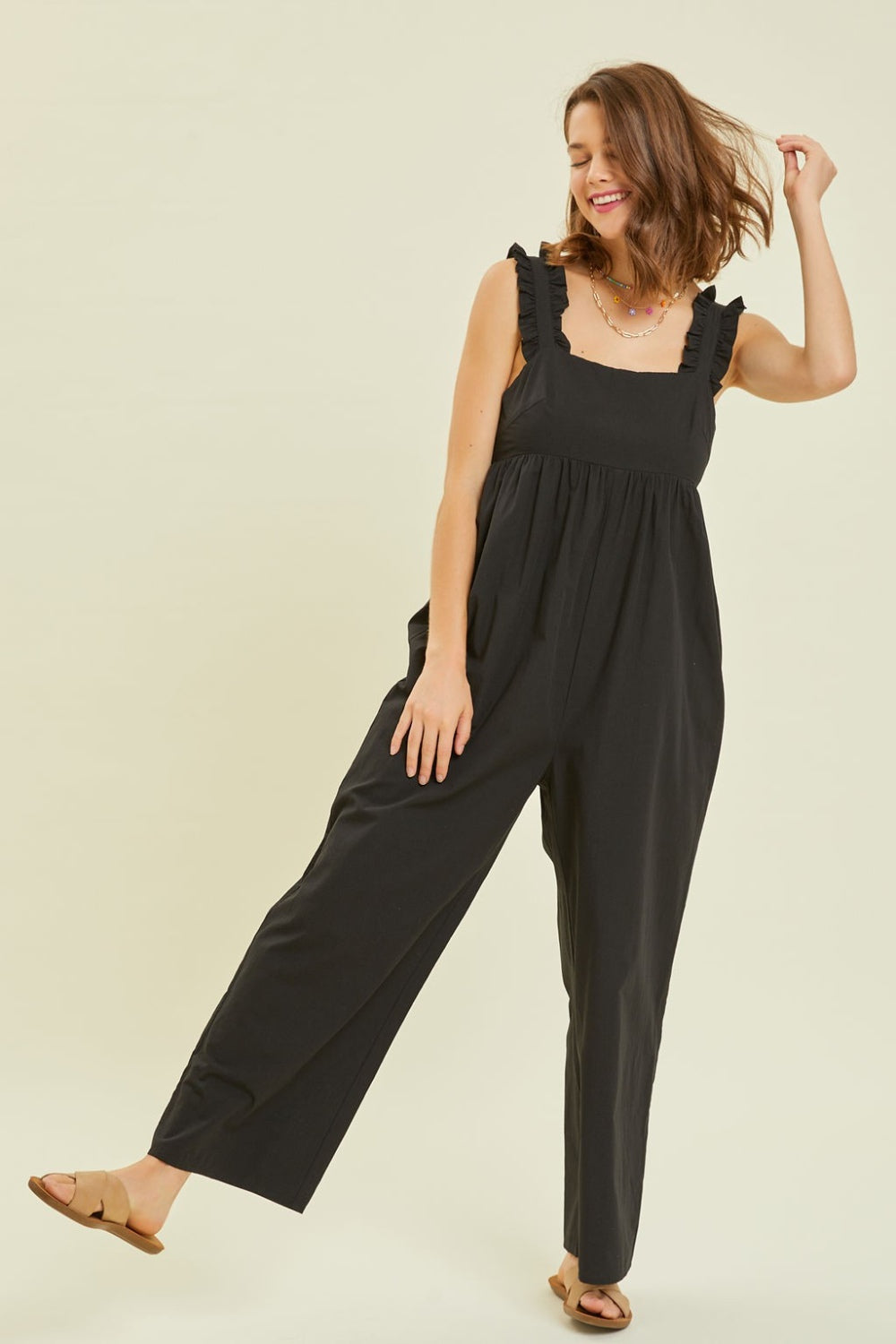 HEYSON Full Size Ruffled Strap Back Tie Wide Leg Jumpsuit - Charming Charlie