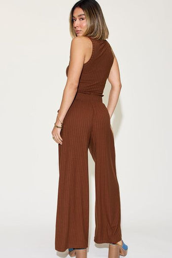 Full Size Ribbed Tank and Wide Leg Pants Set main image 1