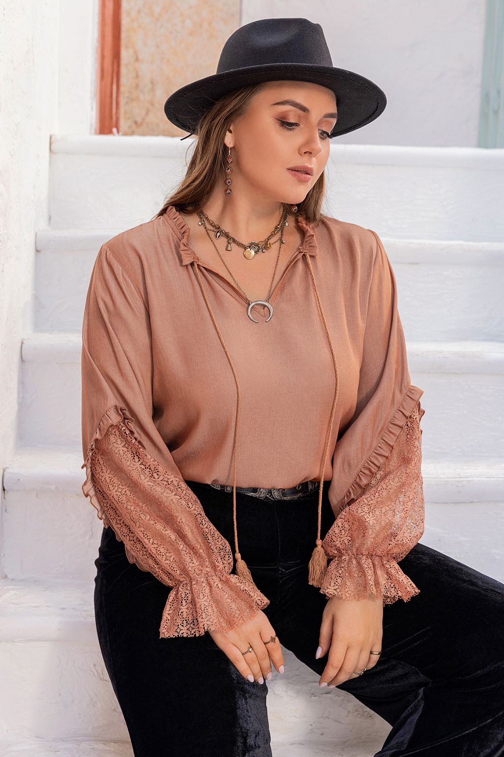 Plus Size Tie Neck Flounce Sleeve Blouse - Charming Charlie