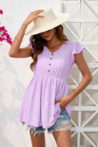 Decorative Button V-Neck Cap Sleeve Blouse - Charming Charlie