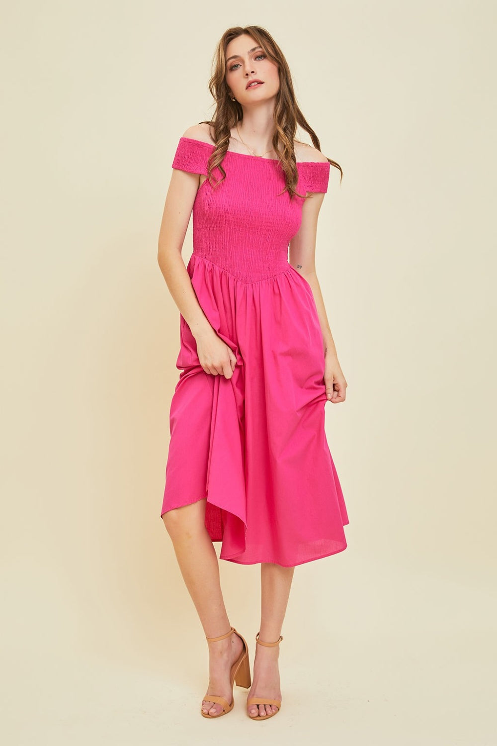 off the shoulder smocked midi dress HEYSON Off-Shoulder Smocked Midi Dress – Charming Charlie