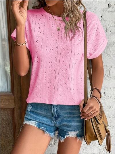 Eyelet Round Neck Short Sleeve T-Shirt - Charming Charlie