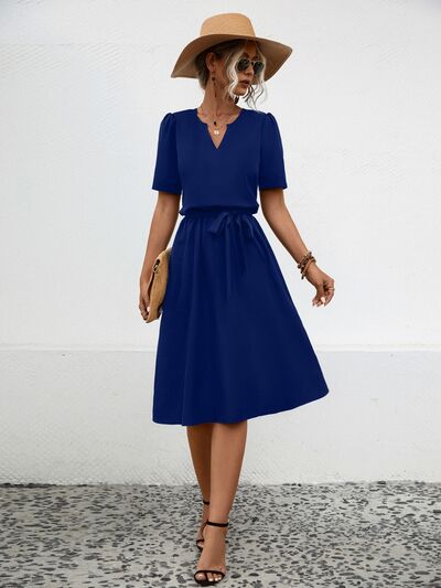 Tied Notched Short Sleeve Dress Green / M