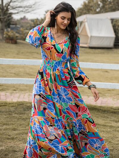 Printed Smocked Tie Neck Balloon Sleeve Maxi Dress Multicolor / L Printed Smocked Tie Neck Balloon Sleeve Maxi Dress Multicolor / L