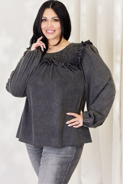 HEYSON Full Size Mineral Wash Smocked Round Neck Blouse – Charming