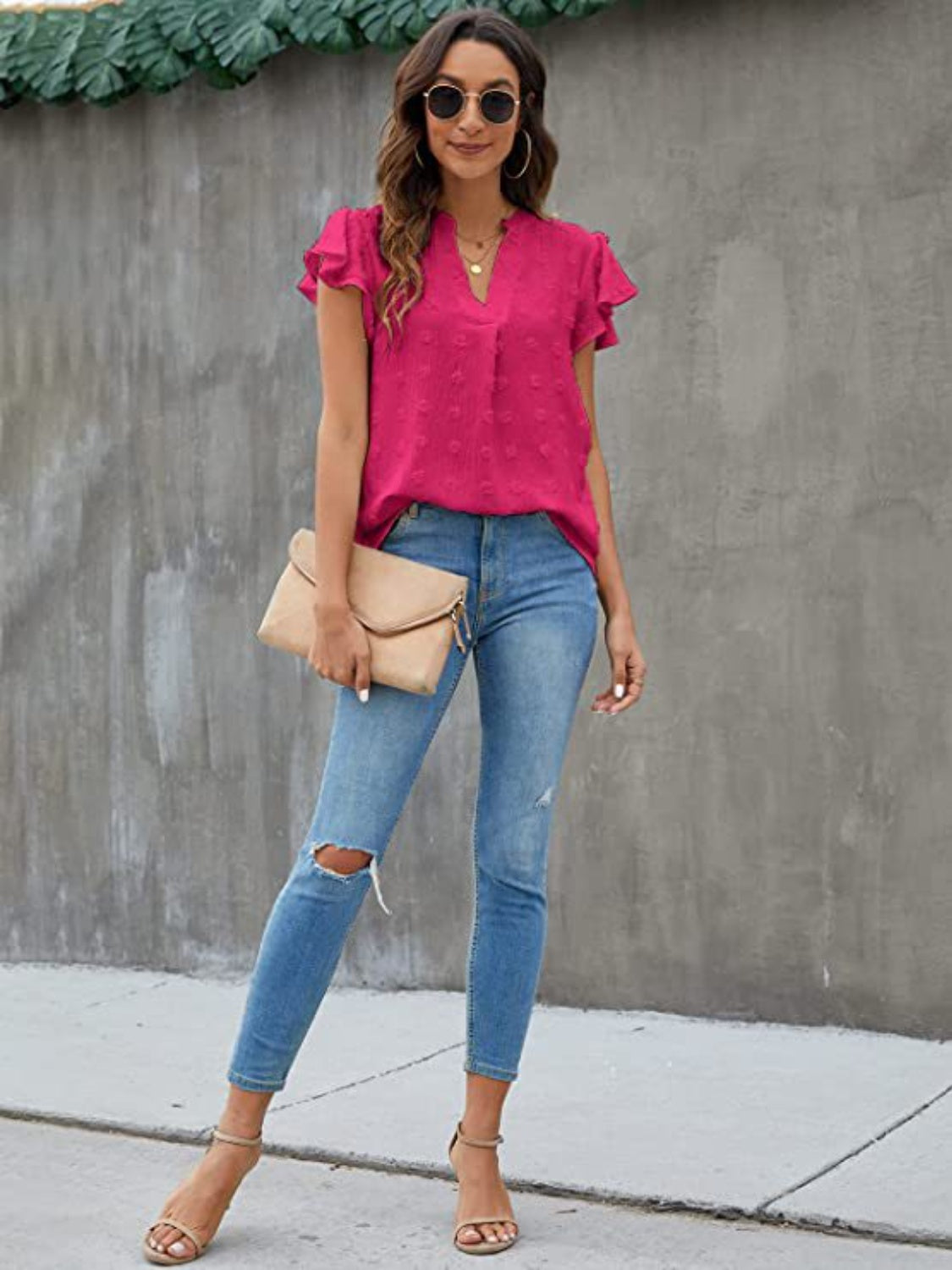Swiss Dot Notched Cap Sleeve Blouse - Charming Charlie