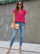 Swiss Dot Notched Cap Sleeve Blouse - Charming Charlie