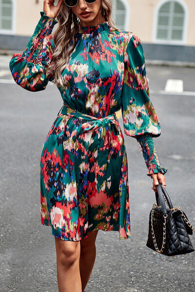 Printed Tie Waist Mock Neck Lantern Sleeve Dress - Charming Charlie