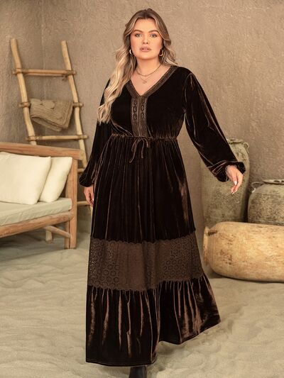 Plus Size V-Neck Balloon Sleeve Maxi Dress Chocolate / 2XL Plus Size V-Neck Balloon Sleeve Maxi Dress Chocolate / 2XL
