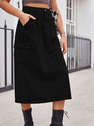 Slit Buttoned Denim Skirt with Pockets - Charming Charlie
