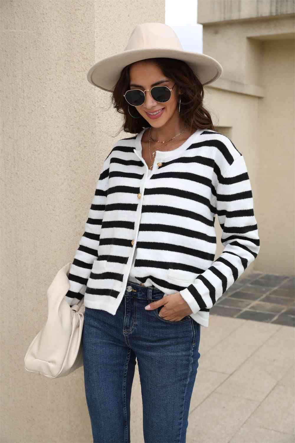Striped Round Neck Button-Down Dropped Shoulder Cardigan - Charming Charlie