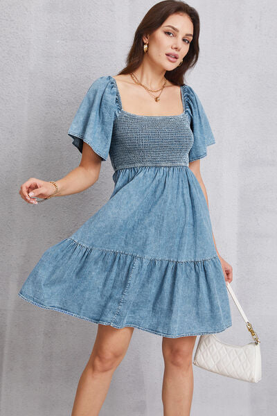 Smocked Square Neck Mini Denim Dress Light / M
