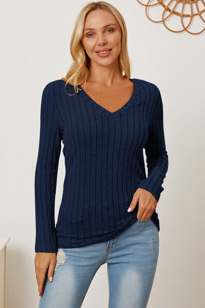 Basic Bae Full Size Ribbed V-Neck Long Sleeve T-Shirt - Charming Charlie