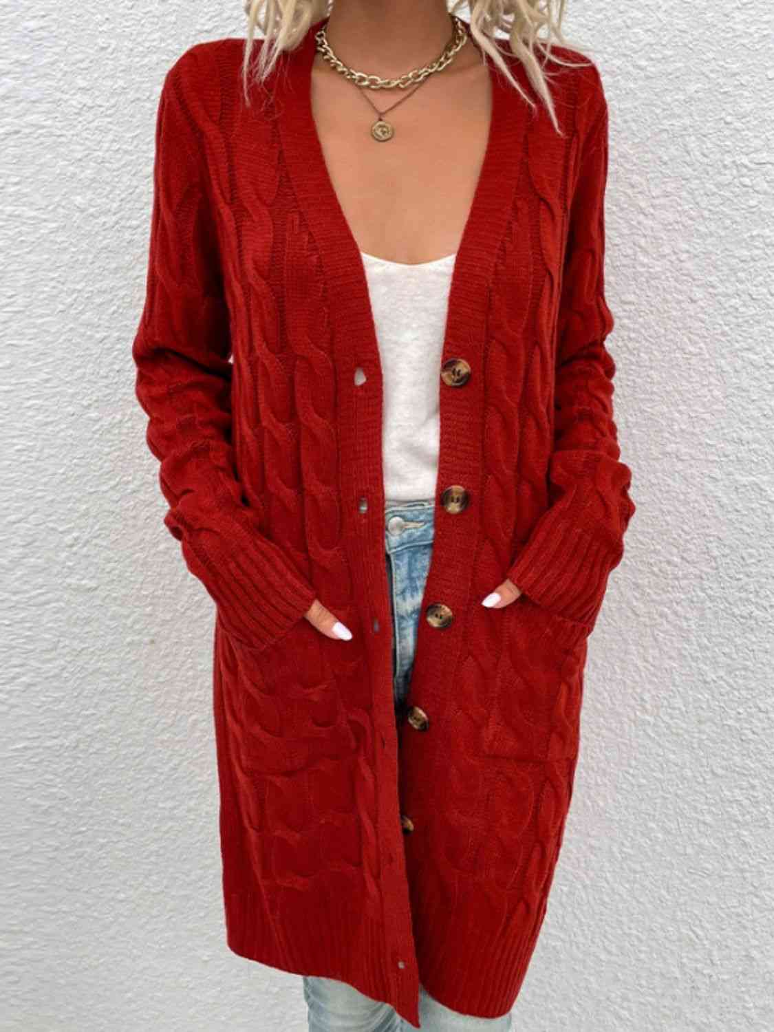 Cable-Knit Button Down Cardigan with Pockets - Charming Charlie