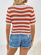Openwork Striped Round Neck Short Sleeve Knit Top - Charming Charlie