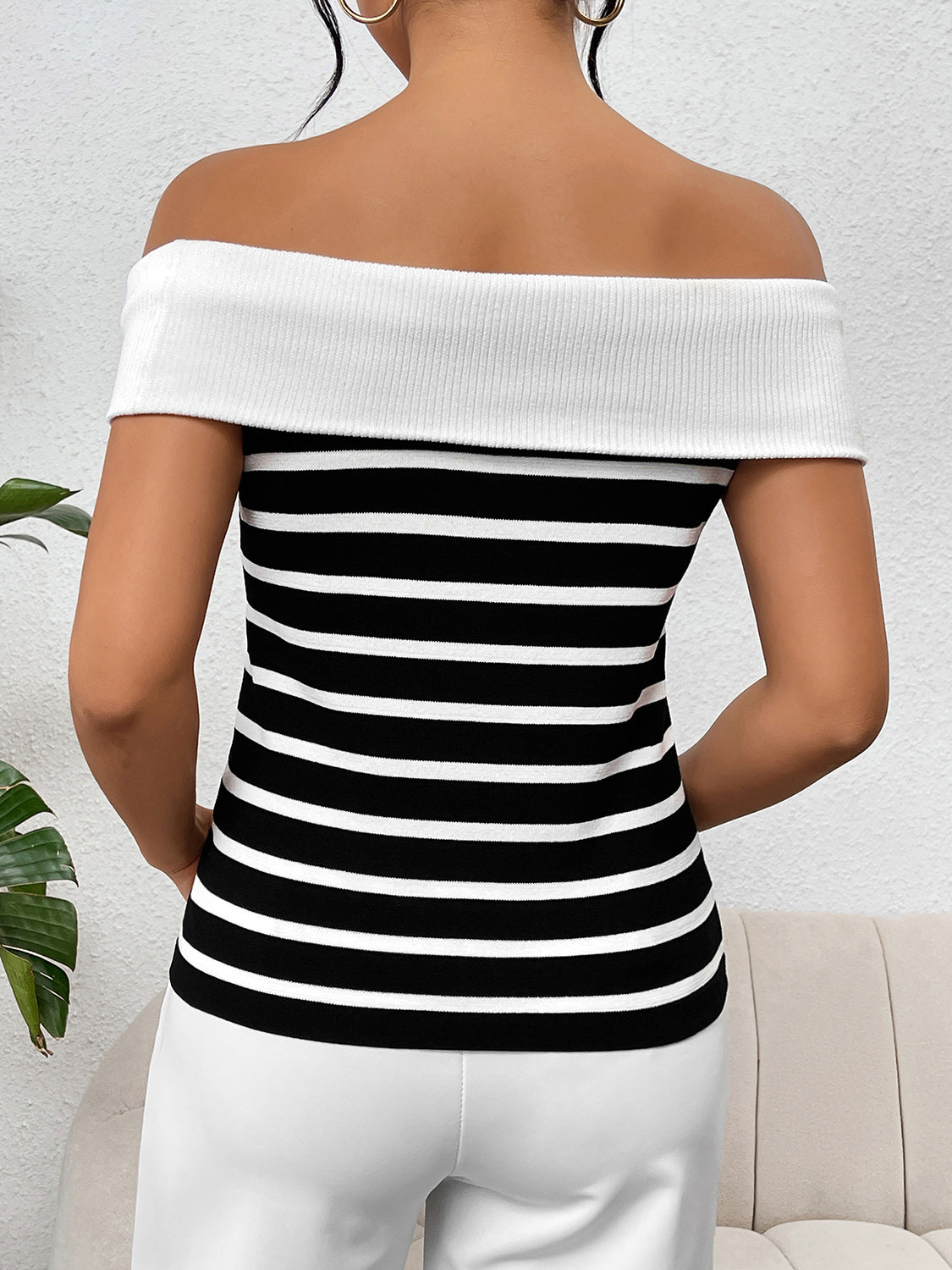 Decorative Button Striped Off-Shoulder Knit Top - Charming Charlie