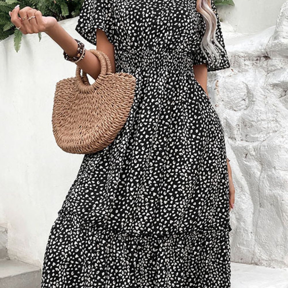 short sleeve leopard dress Women's Midi Dress, Short Sleeves, Leopard Print, Elegant Design