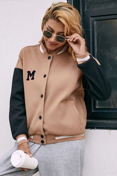 Contrast Baseball Collar Snap Down Jacket - Charming Charlie