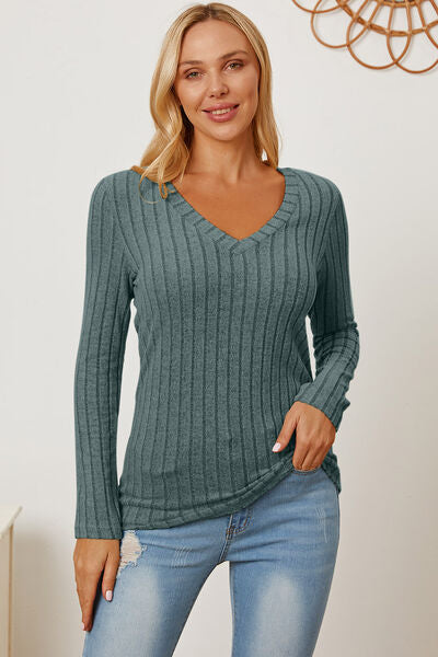 Basic Bae Full Size Ribbed V-Neck Long Sleeve T-Shirt - Charming Charlie