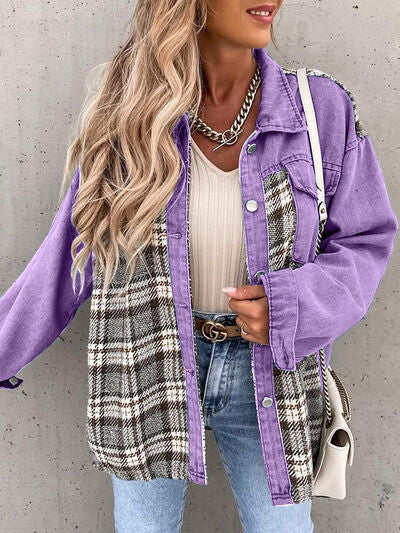 Plaid Button Up Dropped Shoulder Jacket - Charming Charlie