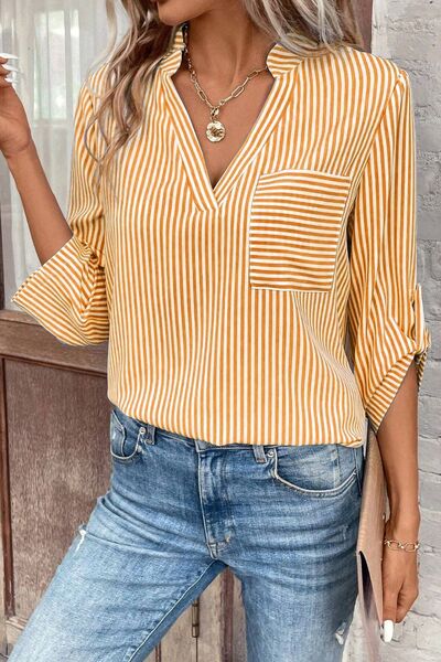 Striped Notched Roll-Tab Sleeve Shirt - Charming Charlie