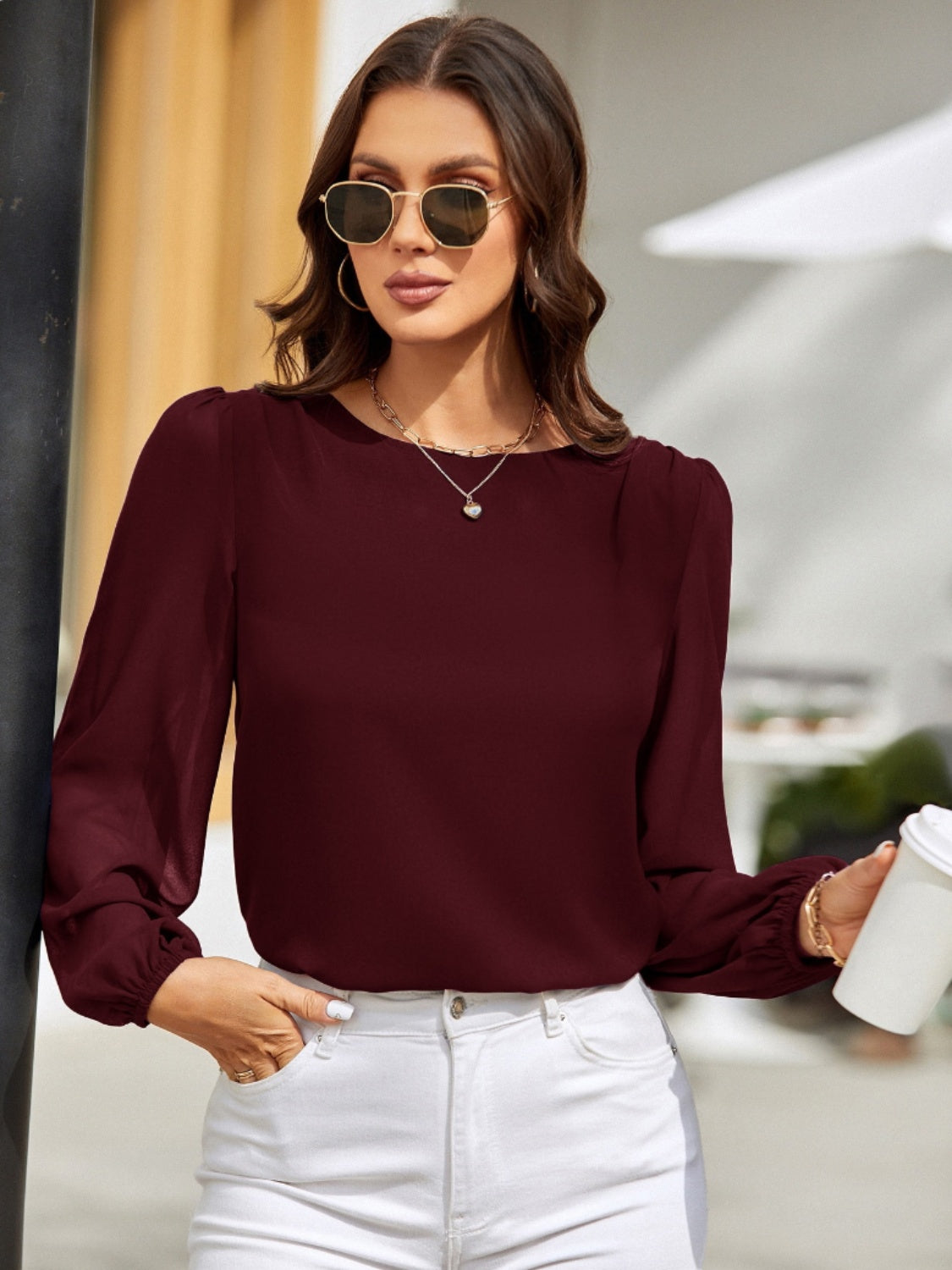 Round Neck Long Sleeve Blouse - Charming Charlie