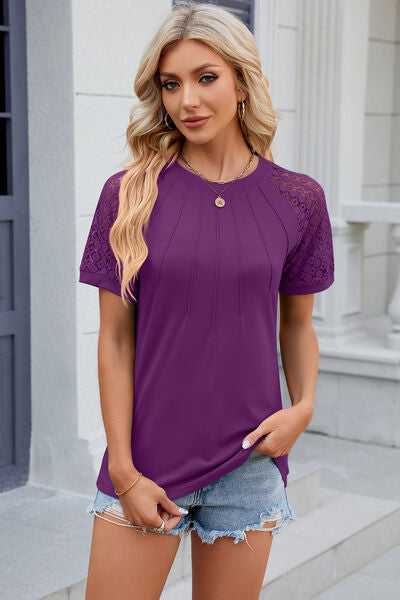 Openwork Round Neck Short Sleeve T-Shirt - Charming Charlie