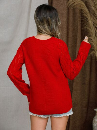 Openwork Frill Round Neck Long Sleeve Sweater main image 0