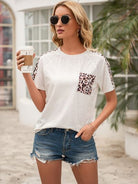 Pocketed Leopard Round Neck Short Sleeve T-Shirt - Charming Charlie