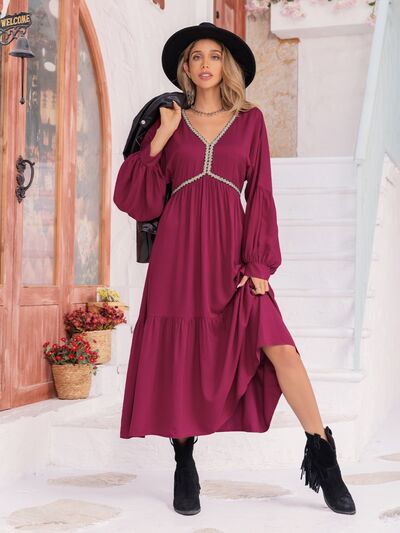V-Neck Lantern Sleeve Ruffle Hem Dress - Charming Charlie
