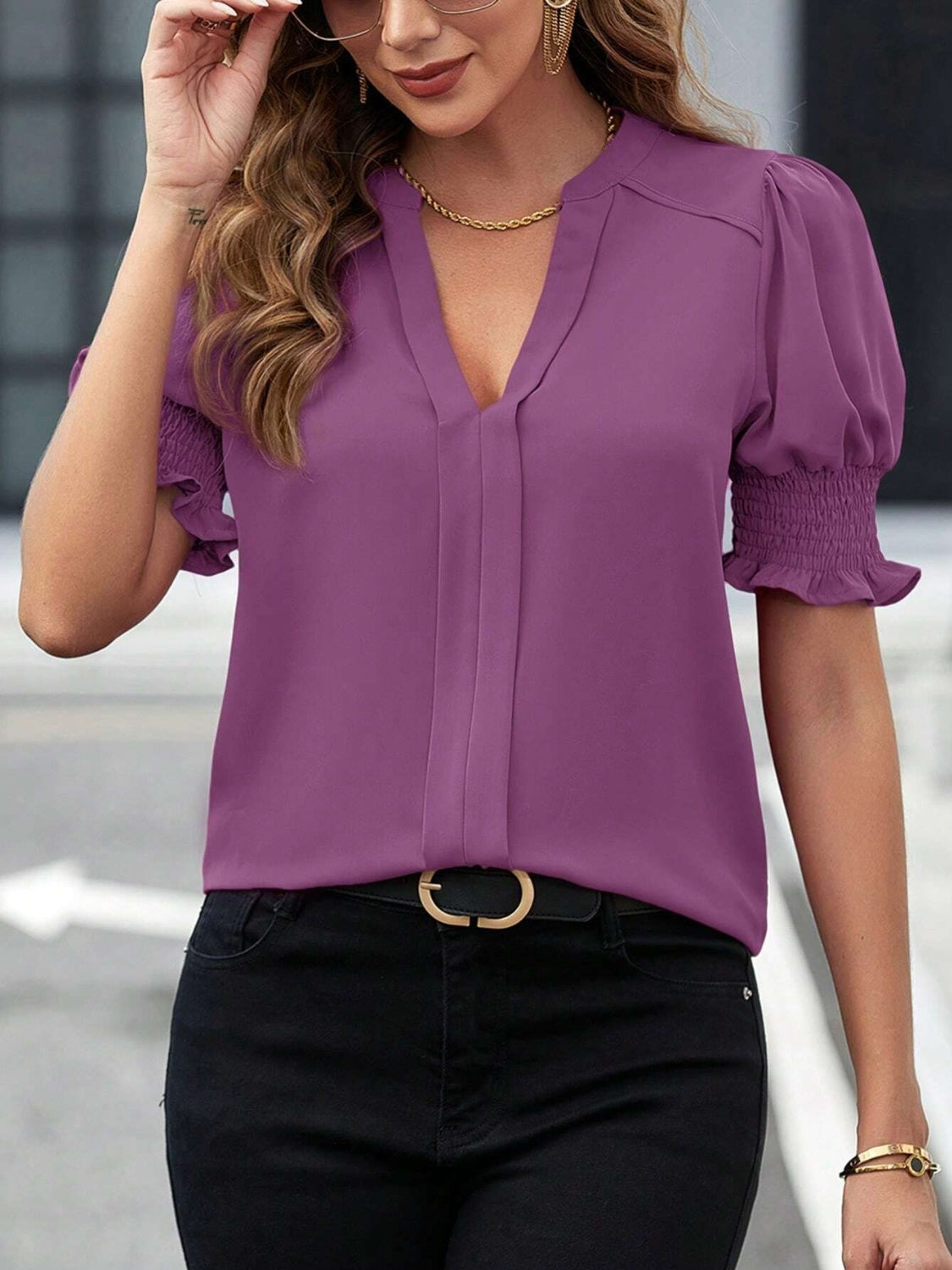 Notched Short Sleeve Blouse - Charming Charlie