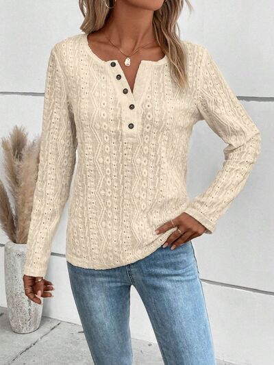 Openwork Half Button Long Sleeve Blouse - Charming Charlie