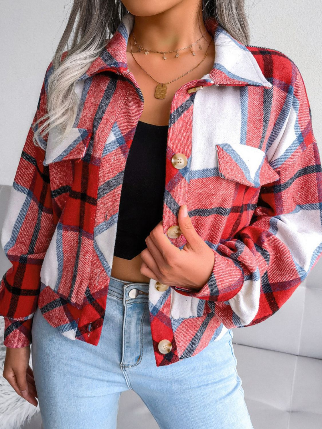 Plaid Collared Neck Drop Shoulder Jacket - Charming Charlie