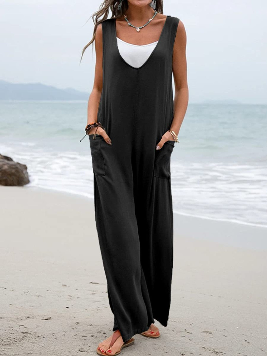 Full Size Wide Strap Jumpsuit with Pockets - Charming Charlie