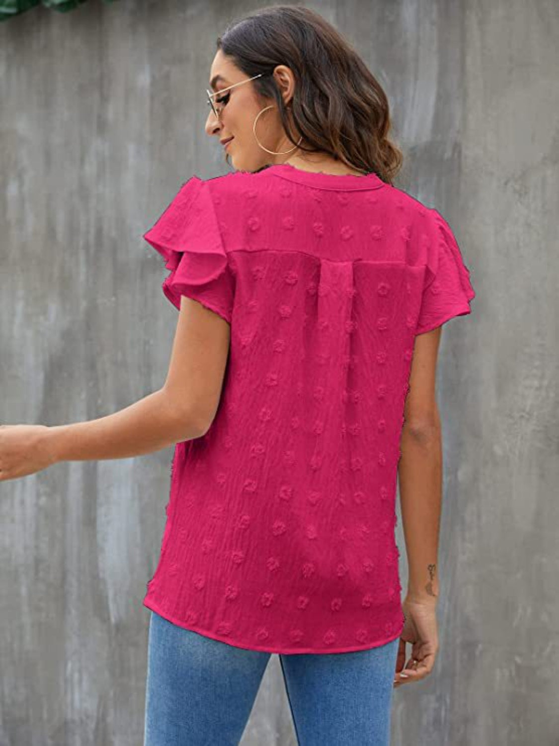 Swiss Dot Notched Cap Sleeve Blouse - Charming Charlie