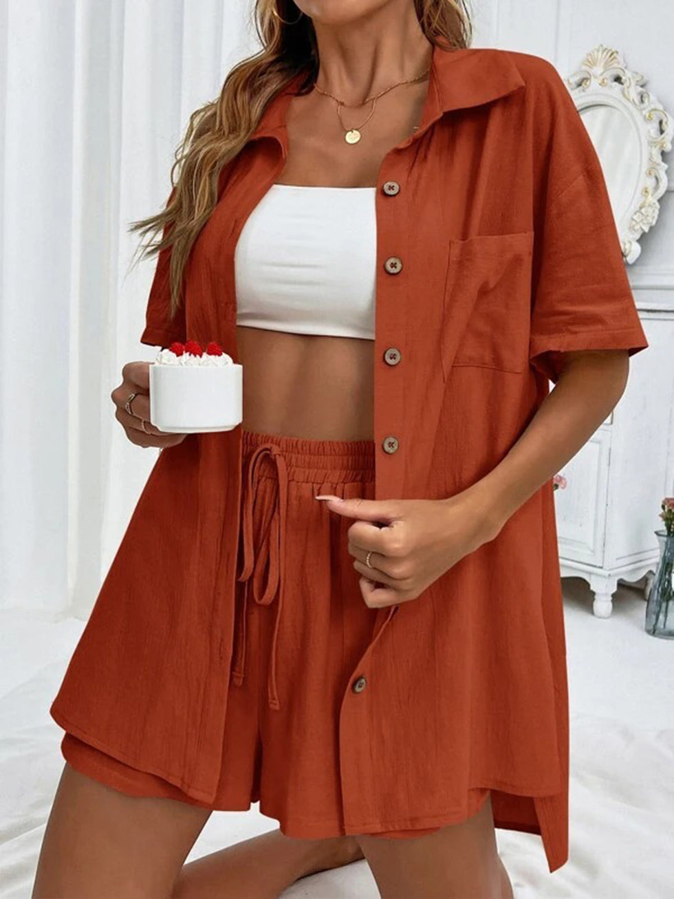 Sashi Button Up Shirt and Shorts Set - Chocolate Stripe