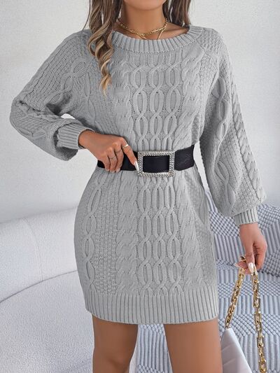 Cable-Knit Round Neck Sweater Dress Light Gray / L Cable-Knit Round Neck Sweater Dress Light Gray / L