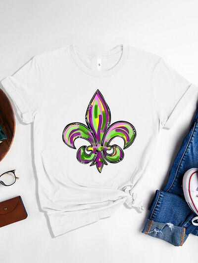 Mardi Gras Graphic Round Neck Short Sleeve T-Shirt - Charming Charlie