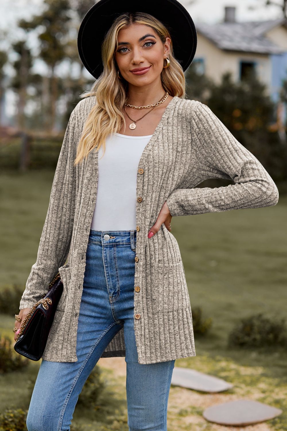 Light Ribbed Button-Up Cardigan