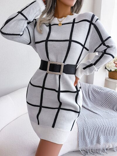 Wholesale MOQ6 Plaid Round Neck Dropped Shoulder Sweater Dress Wholesale MOQ6 Plaid Round Neck Dropped Shoulder Sweater Dress
