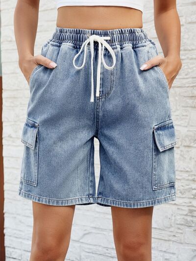 Drawstring Denim Shorts with Pockets - Charming Charlie