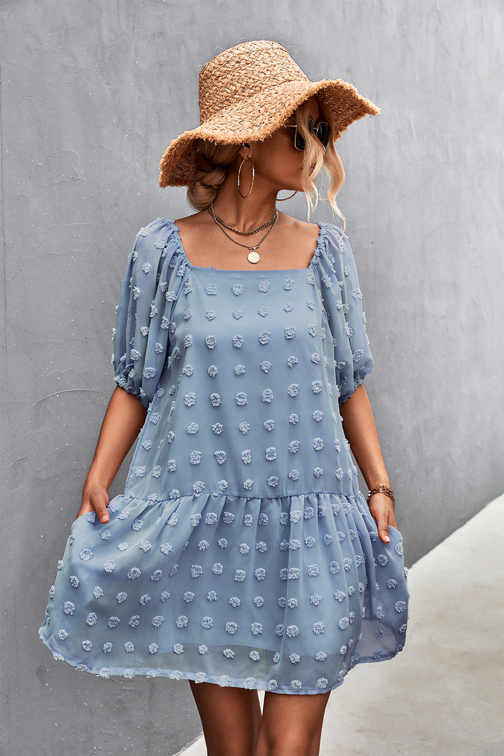 Wholesale MOQ6 Swiss Dot Square Neck Half Balloon Sleeve Dress Wholesale MOQ6 Swiss Dot Square Neck Half Balloon Sleeve Dress