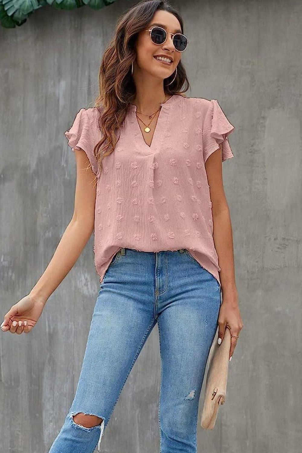 Swiss Dot Notched Cap Sleeve Blouse - Charming Charlie
