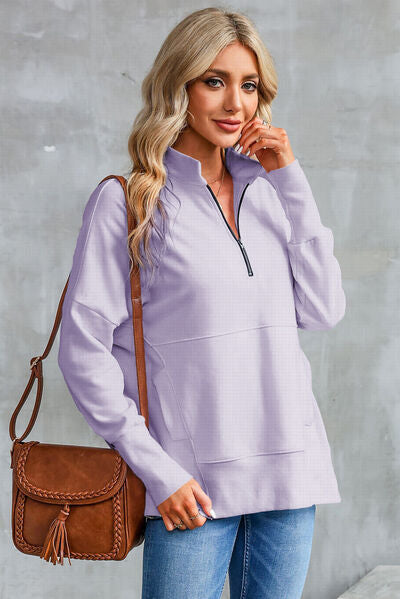 Half Zip Pocketed Dropped Shoulder Sweatshirt - Charming Charlie