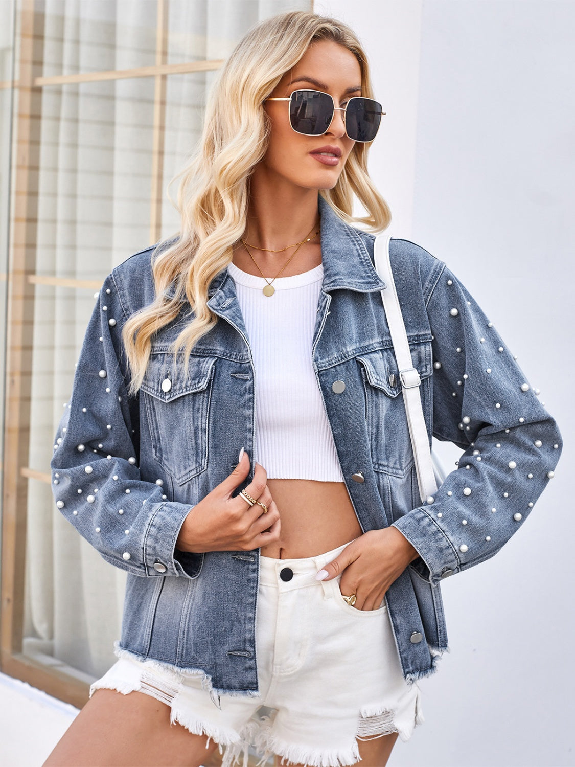 Pearl Trim Raw Hem Denim Jacket – Charming Charlie