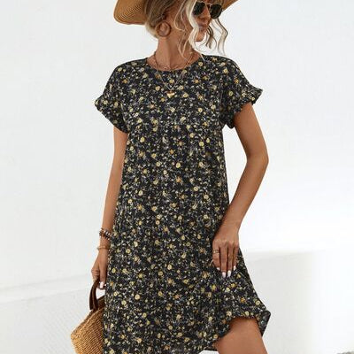 Frill Floral Round Neck Short Sleeve Tiered Dress Sand / L Frill Floral Round Neck Short Sleeve Tiered Dress Sand / L